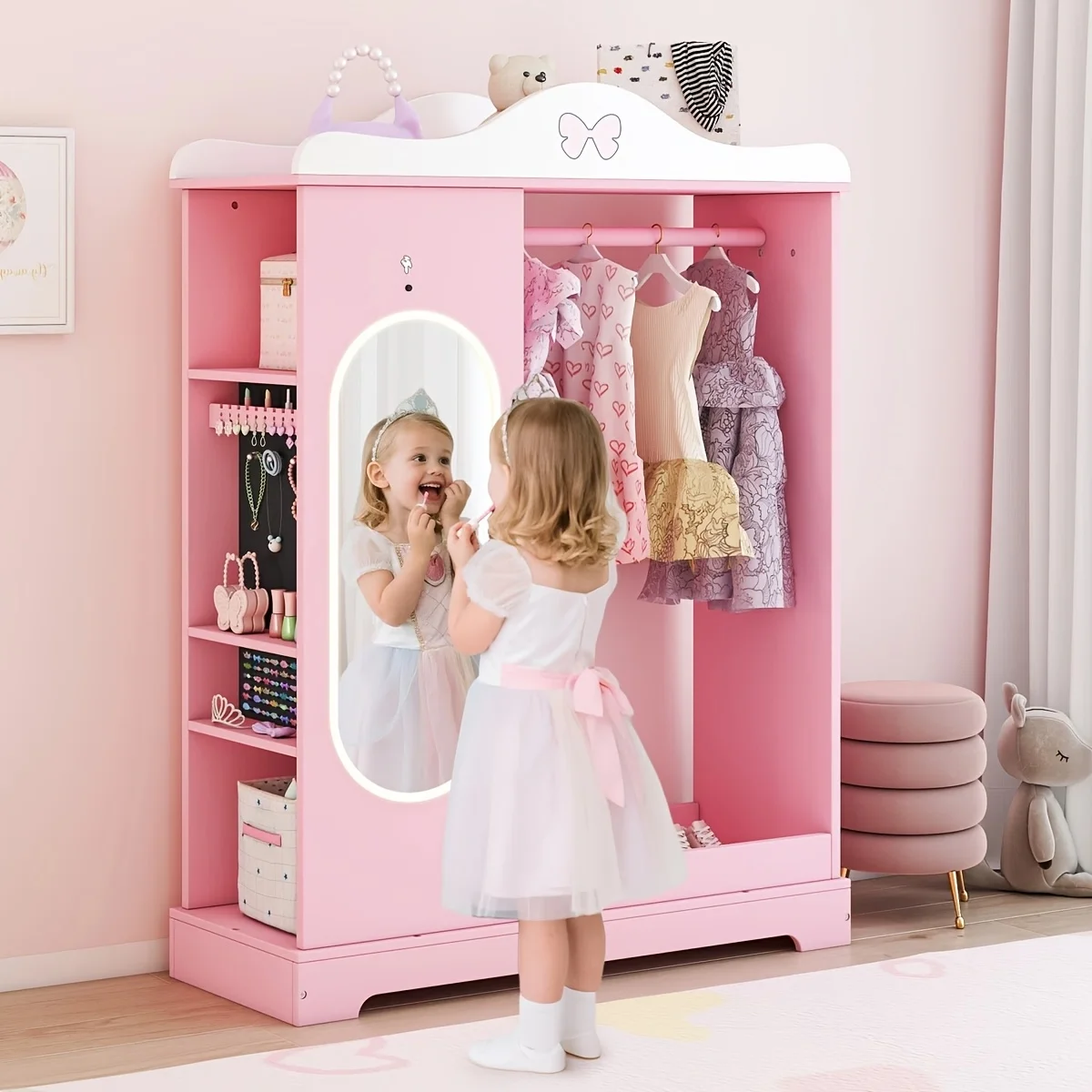 

Kids Armoire with Jewelry Cabinet, Kids Dress Up Storage wth Shelves, Girls Wardrode Costume Organizer with Mirror