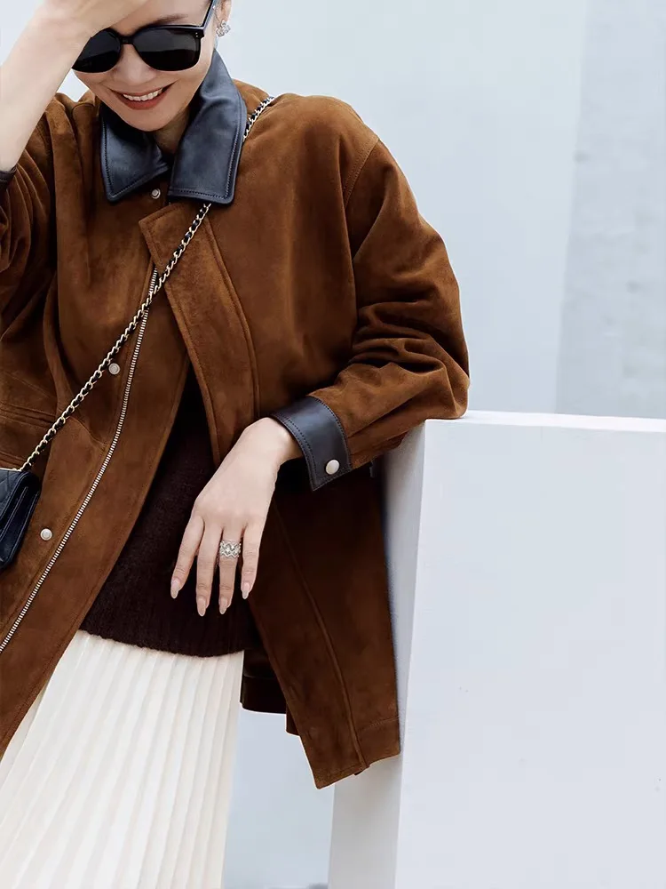 Braune Retro-Lederjacke für Damen, trendiger Kinder-Wildledermantel, Streetwear, Femini-Anzugkragen