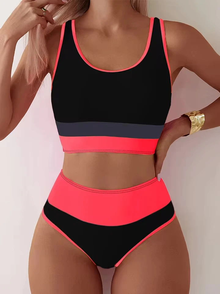 

Vzvn Sexy Contrast Color High Waist Bikinis Women Split Swimsuit Beach Bikini 2026 New All Season Backless Bikinis 2 Piece Set