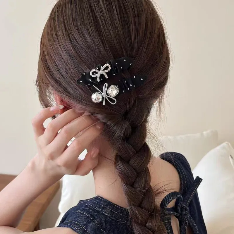 

Rhinestone Bow Metal Hair Clip Black White Polka Dots Duckbill Clip Bangs Side Hairpin Hair Styling Accessories for Women Girls