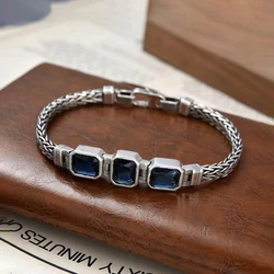 S925 Silver Vintage Bracelet Couple Jewelry 18/20/22cm Woven Chain 3 Rows Blue Crystal Gem Men Women Party Fashion Gift