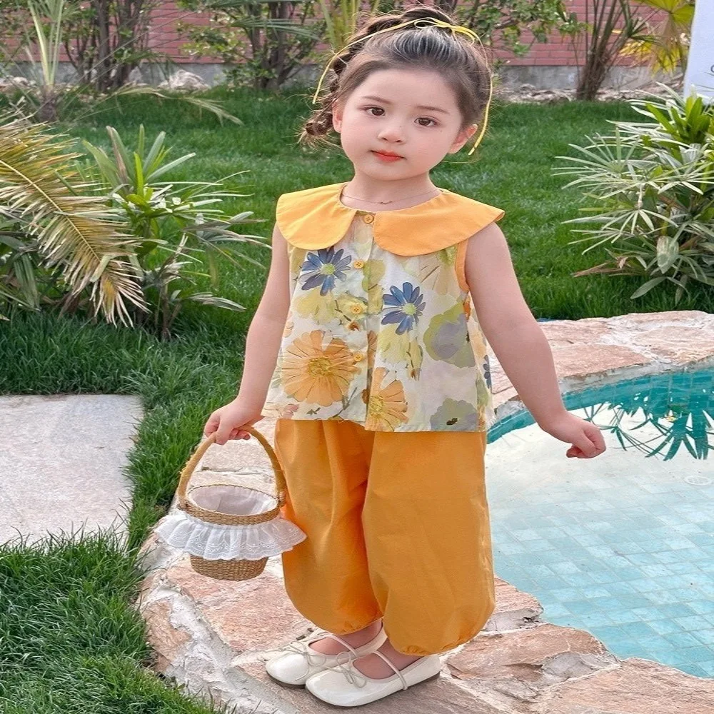 

Wide Leg Pants Girls Floral Suit T-Shirt Flip Collar Children Clothes Set Comfortable Two Piece Set Top+Pants Suit Summer
