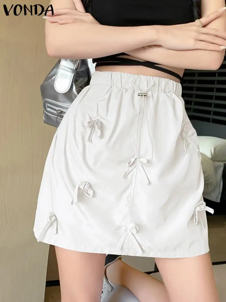 

VONDA Elegant Bow Skirts 2024 Summer Women High Waist Bandage Casual Solid Color Short Skirt Fashion A-Line Mini Skirt Oversized