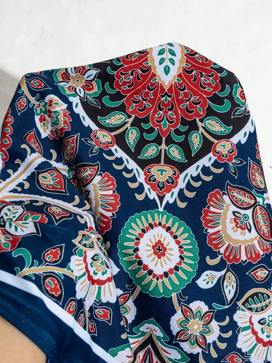 

Vintage Floral Printed One-Piece Swimsuit With Cover-Up Skirt For Women