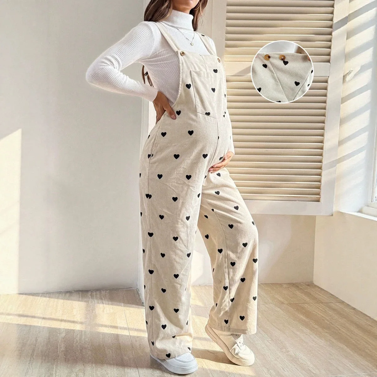 Maternity Overalls for Pregnancy Women Printed Corduroy Jumpsuit Adjustable Waist Casual Fall/Winter New Style for EU/US