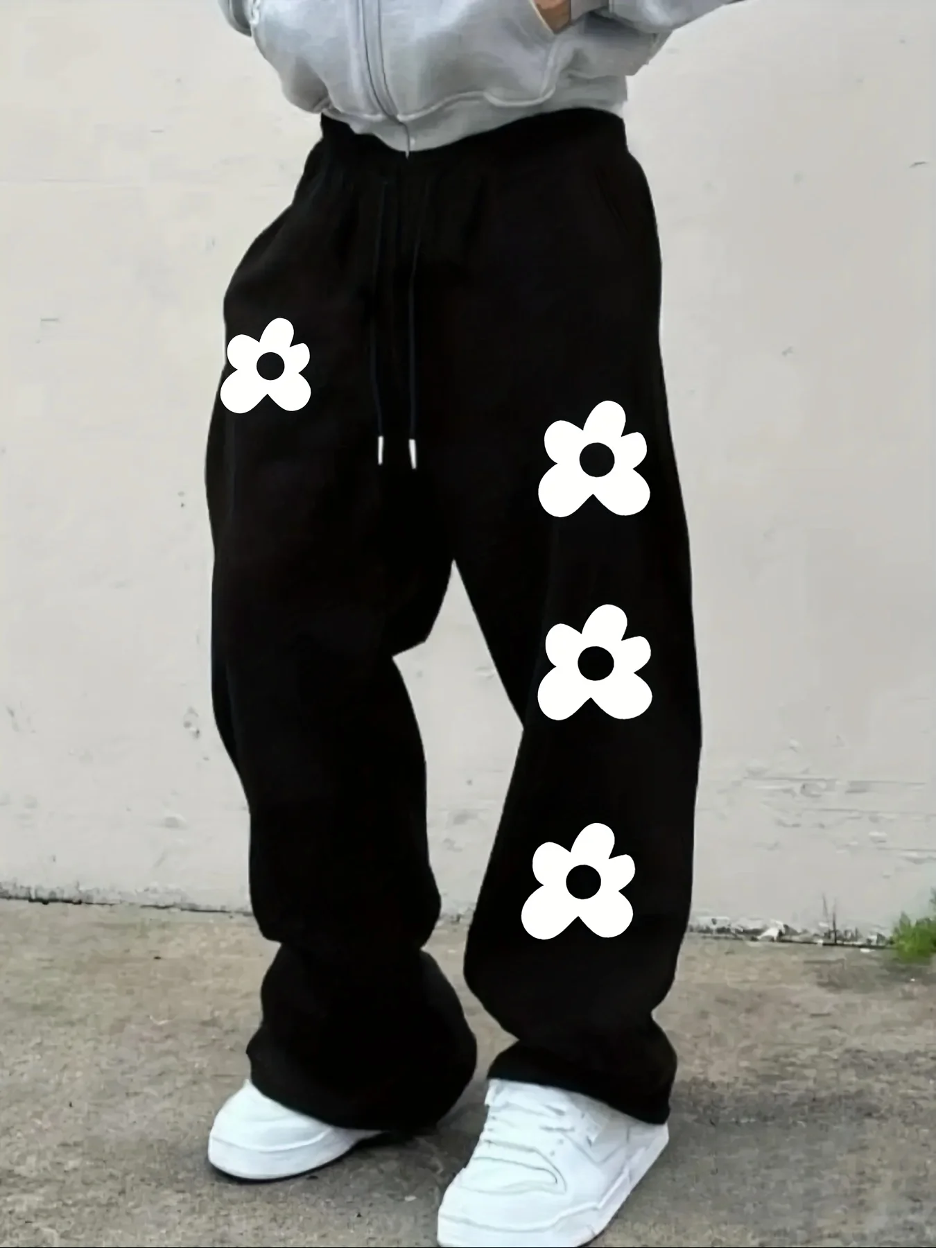 

Men's casual sports pants with flower pattern printed sweatpants drawstring wide leg casual pants, all season casual men's pants