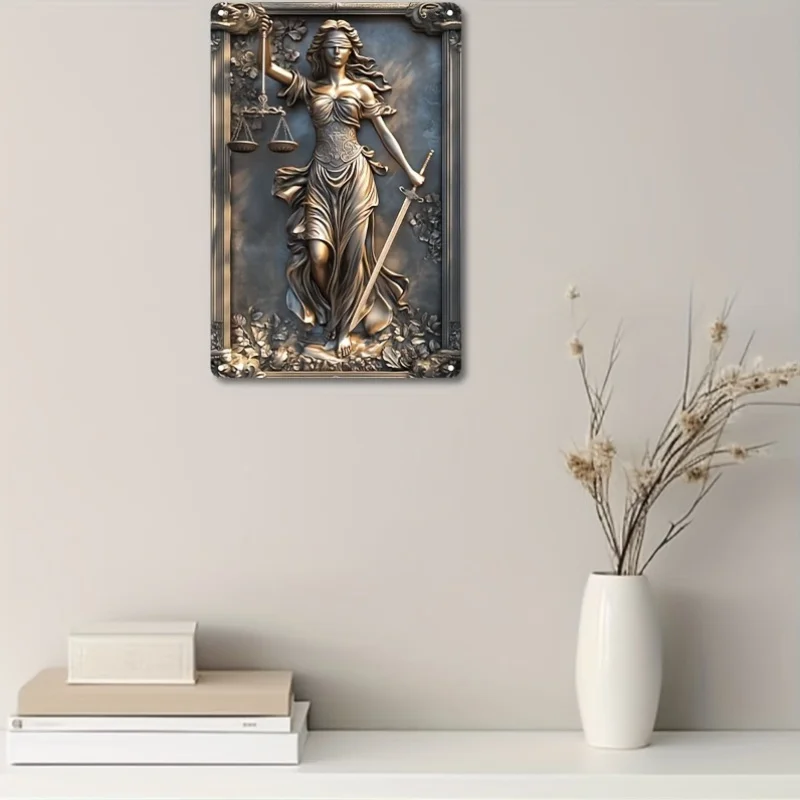 Vintage Justice Goddess Aluminum Wall Hanging Sign, Decorative Scales of Justice Metal Plaque for Bar, Living Room, Home Decor