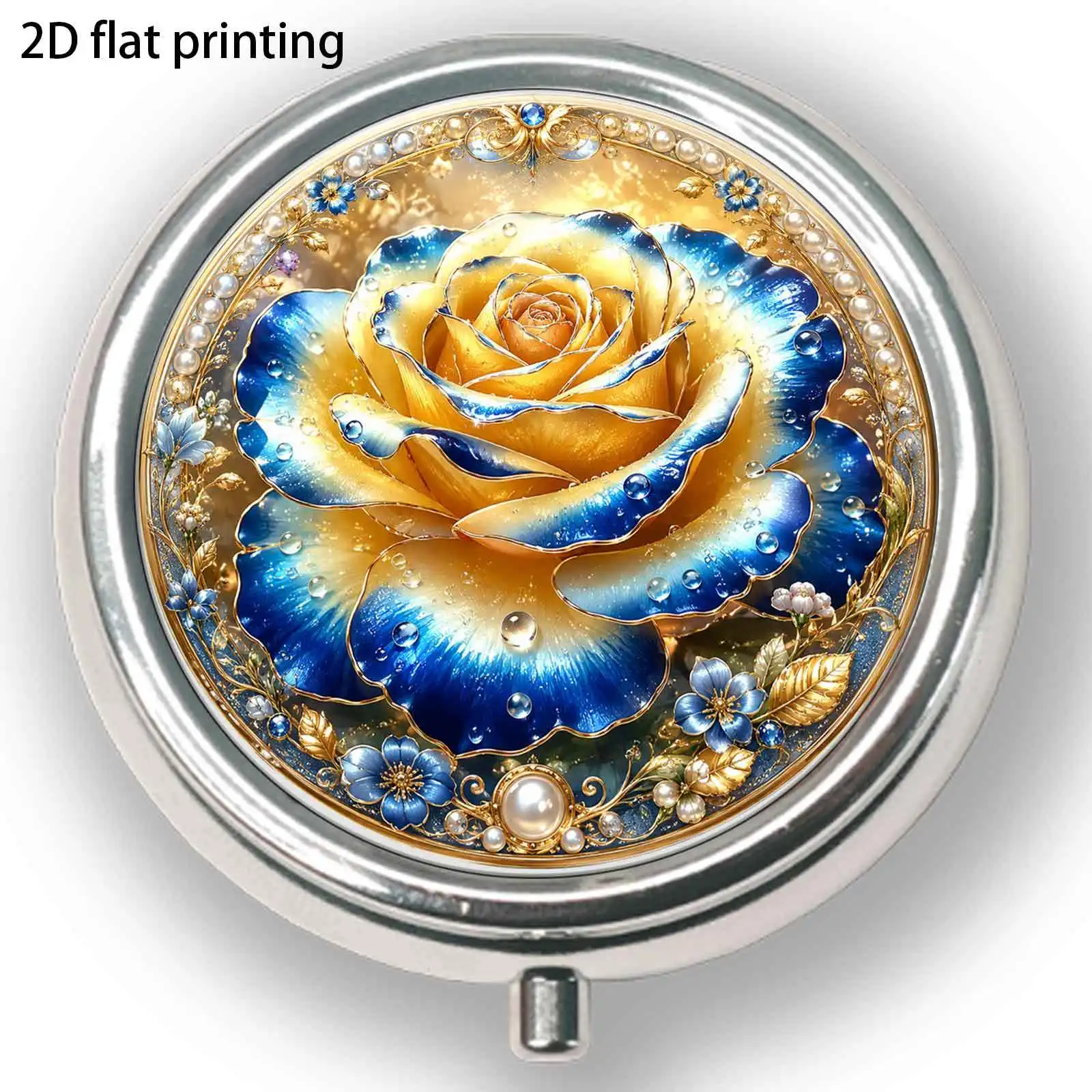 Pearlescent Blue and Gold Gradient Rose Pattern with Diamond Embellishments, Round Three-Compartment Small Pill Box, Portable Medicine Storage, Small Jewelry Storage, Suitable for Handbags or Travel, Holiday Gifts, Souvenirs, Prizes, Small Gifts, Suitable for Personal Use or as an Exquisite Gift Option