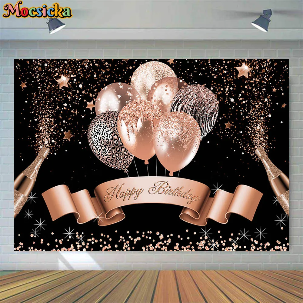 

Mocsicka Rose Gold Women Birthday Backdrop Rose Gold Balloon Champagne Sequins Photography Background Happy Birthday Party Decor