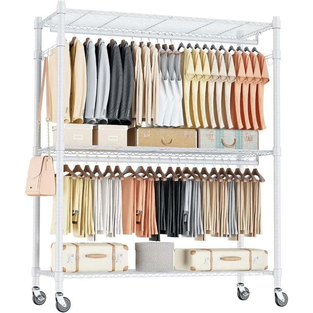 3 Tier Garment Rack with Wheels, Portable Closets for Hanging Clothes Heavy Duty, Closet Racks with Double Hanger Rods