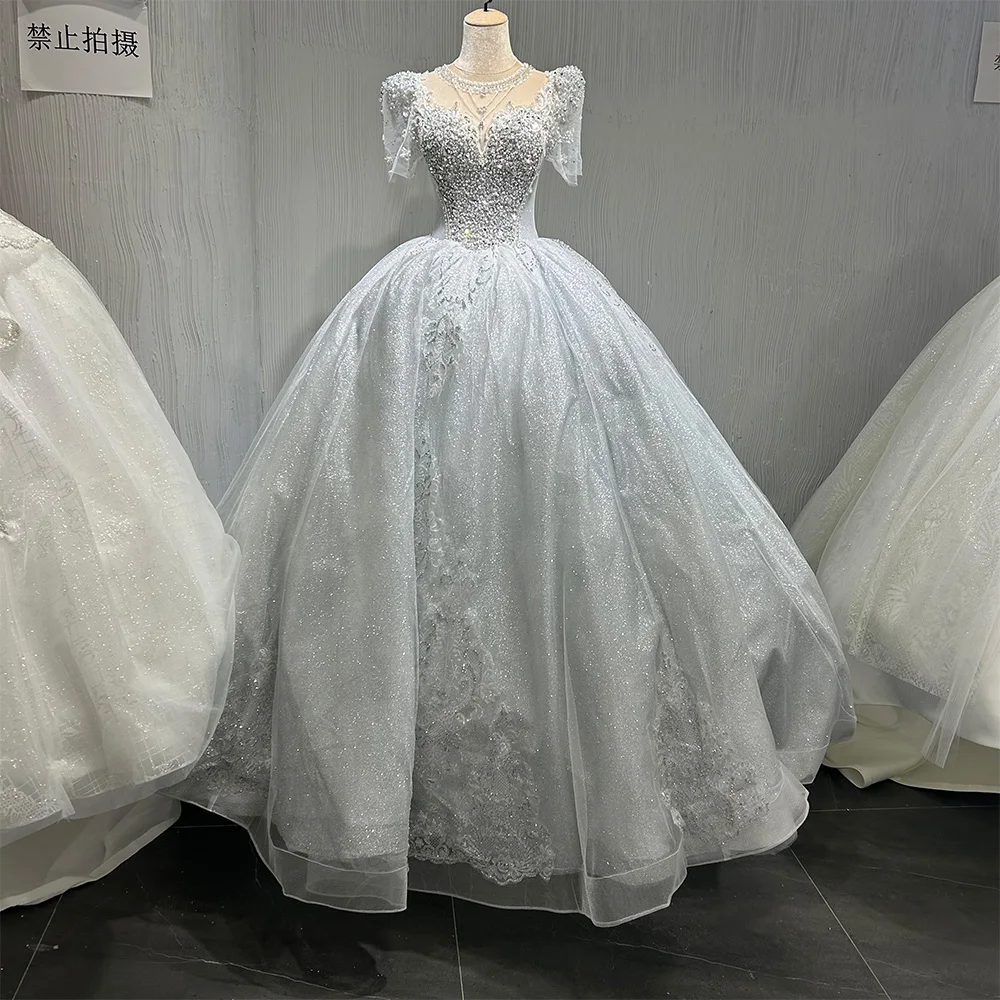 

Customized Short Sleeve Wedding Dresses Florals Lace Appliques Sequins Women Bridal Gowns Robe De Mariage Vestidos De Novia