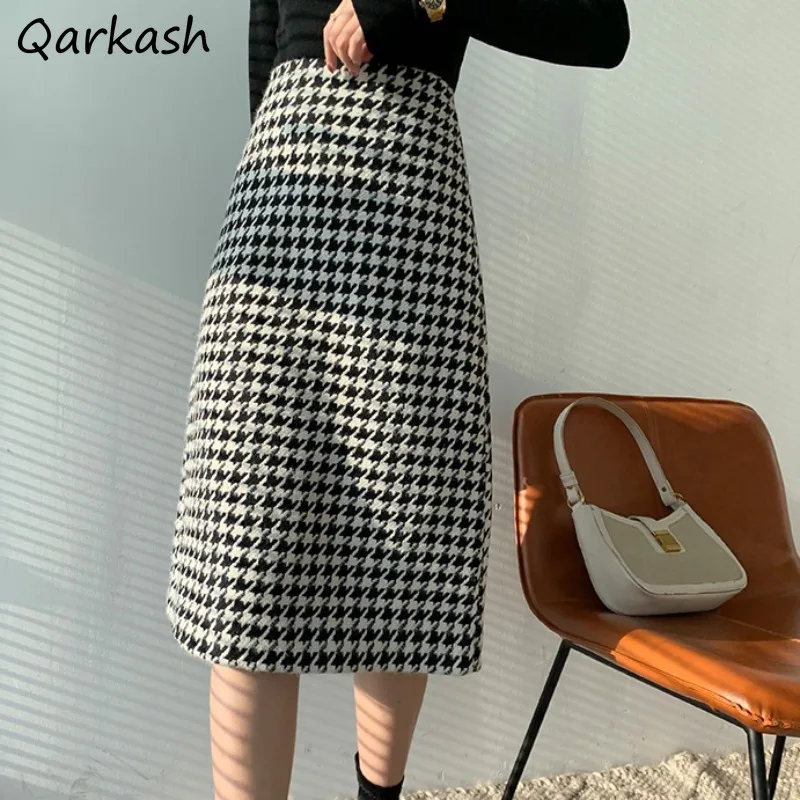 

Knee Skirts Women American Vintage Back-slit Houndstooth 2023 New Autumn Winter All-matching Office Lady Mujer Elegant Basic