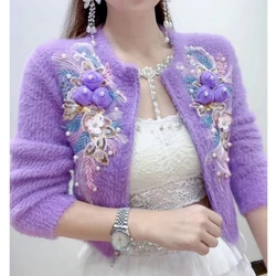Chic Diamonds Beaded 3D Lily Flowers Embroidery Mink Fur Sweater Coat Zipper Knitted Cardigan Hairy Jacket Zippers Cardigan Tops