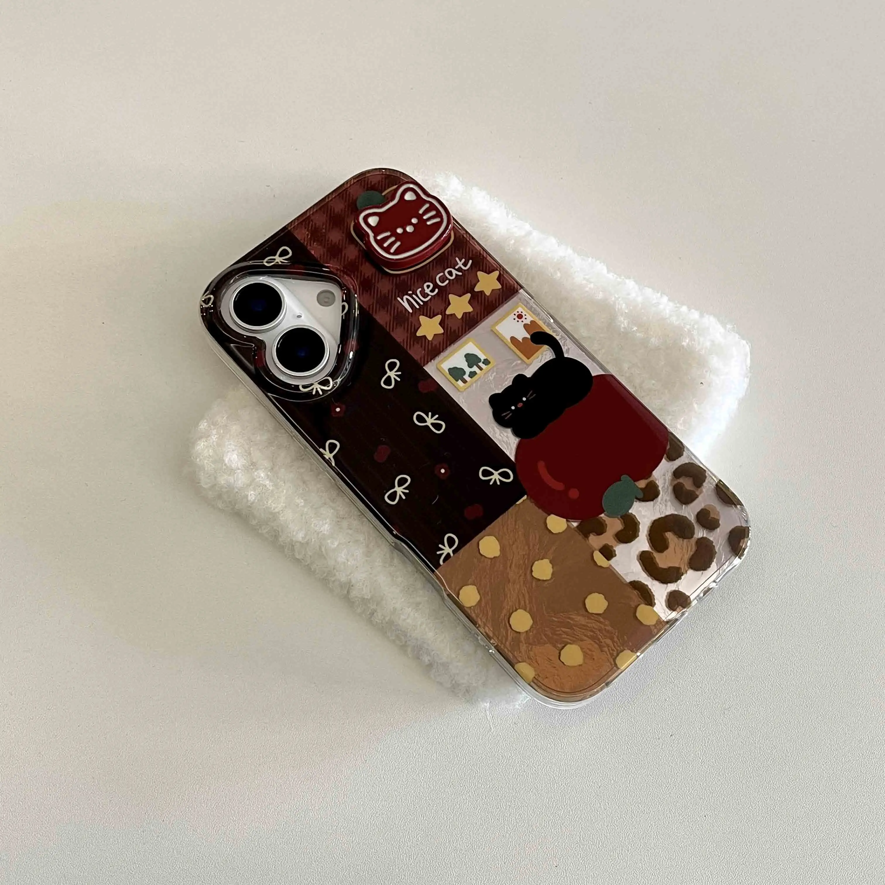 Leopard check points montage ins phone case for iphone 16Pro 14pro 15promax 13 14 15 16 pro max 13promax 3d cat vintage fundas