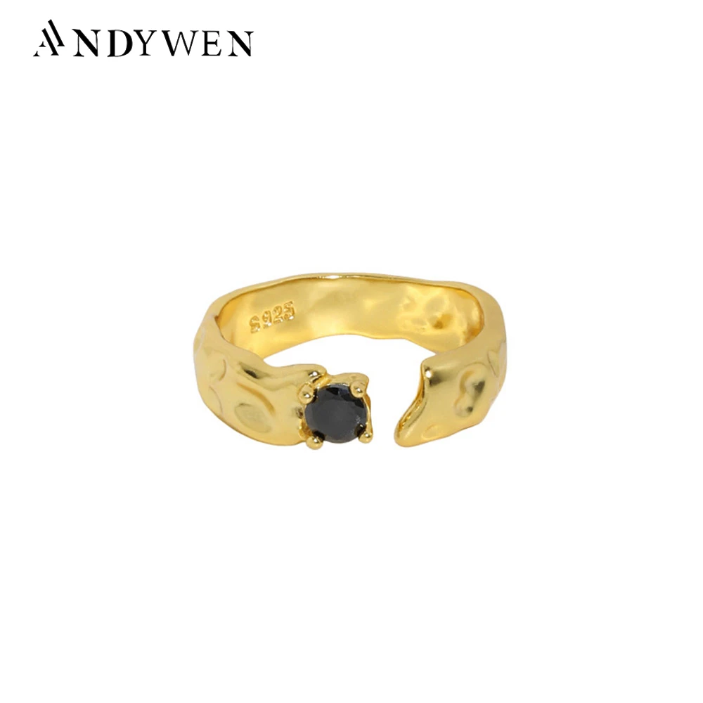 

ANDYWEN 925 Sterling Silver Gold Black Zircon Open Adjustable Rings Women Fine Jewelry Irregular Resizable Geometric Ring