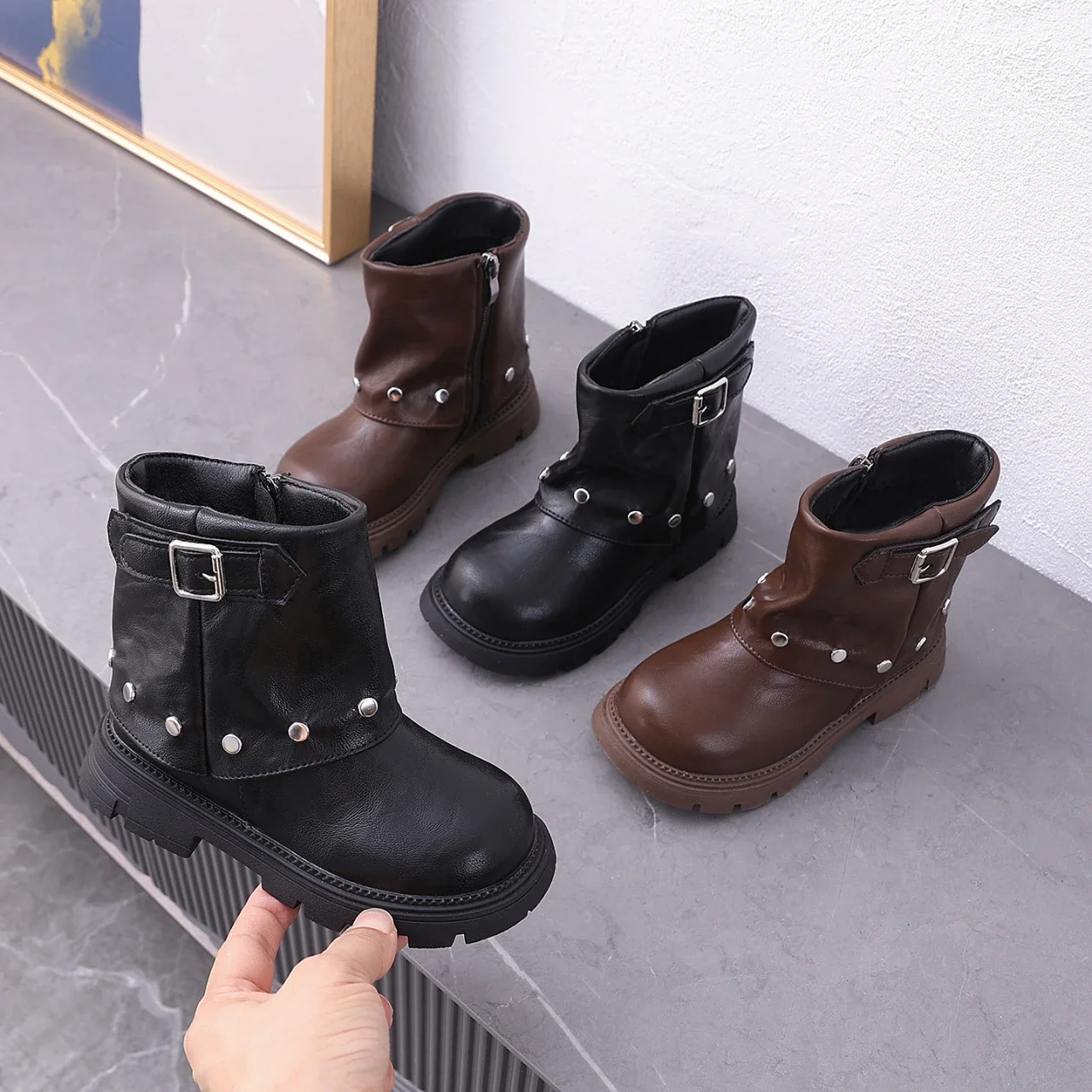 Kids Girls Ankle Boots Buckle & Stud Ornament Side Zipper Thick Non-Slip Sole Fashion Short Boots for Autumn Winter Daily Outfit