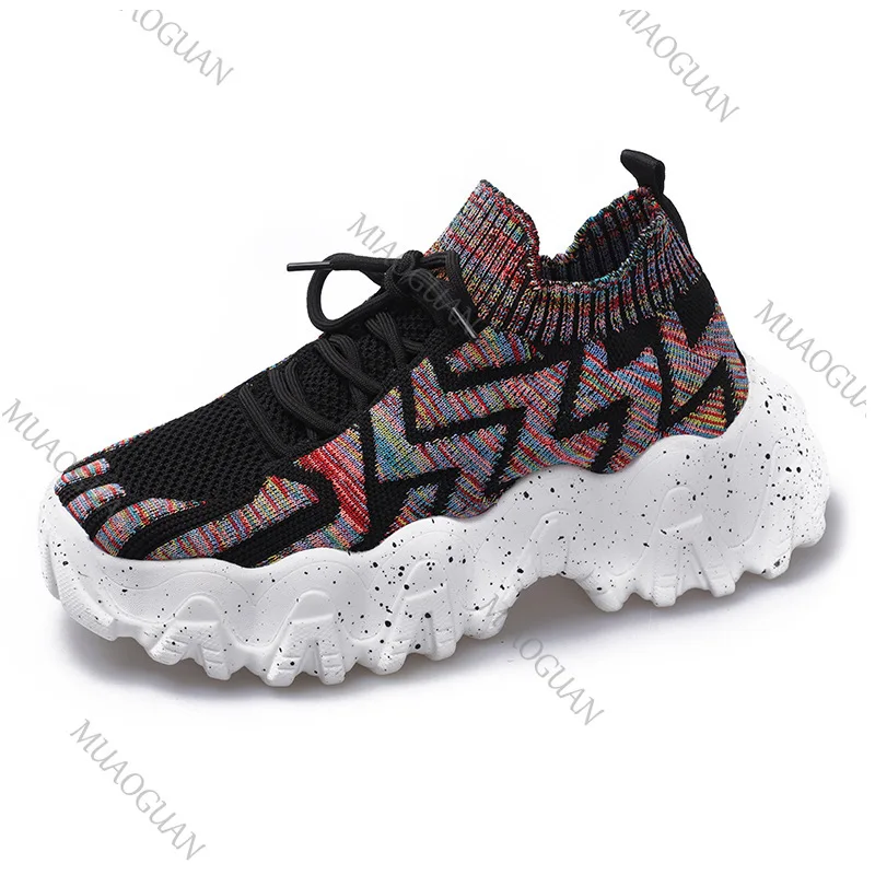 Women Chunky Sneakers Breathable Knitting Thick Bottom Anti-slip Slip-on Loafers Comfort Running Sports Shoes Ladies Footwears view 6