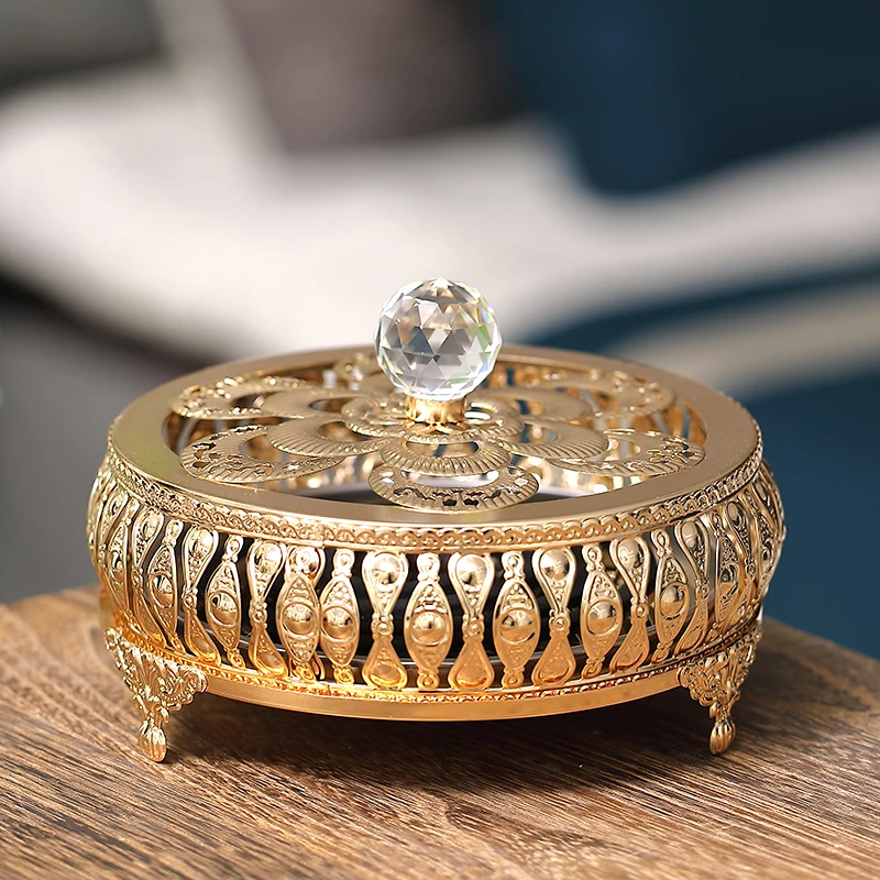 European Style Metal Mosquito Incense Burner Gold Cutout Candy Jar with Lid Home Fruits Nuts Jewelry Cosmetics Storage Jar Home