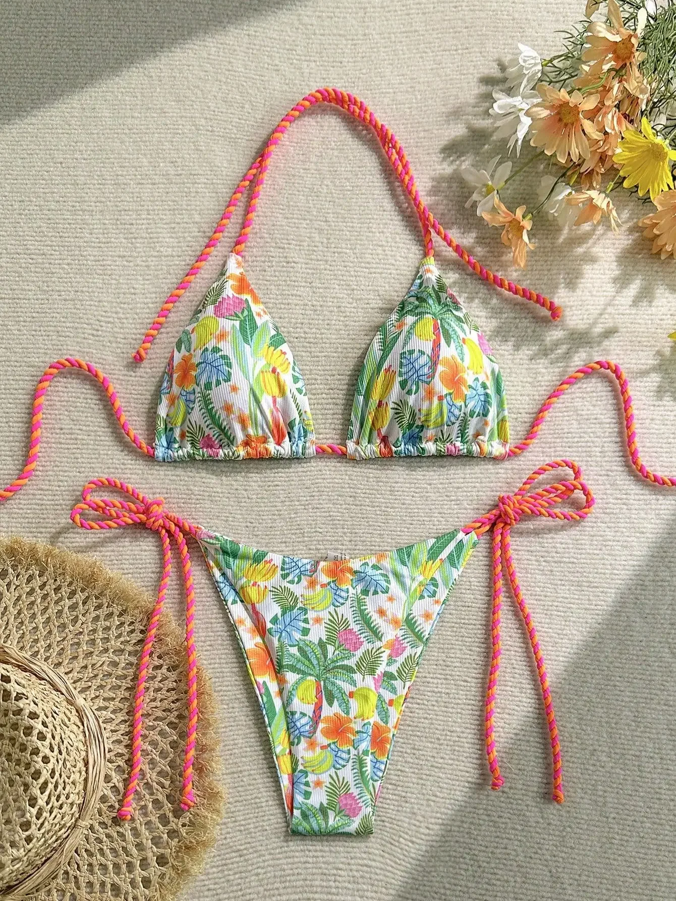 

Sexy Green Floral Print Bikini 2025 Swimwear Women Braiding Rope Strap Patchwork Bandage Push Up Bathing Suit Thong Swimsuit