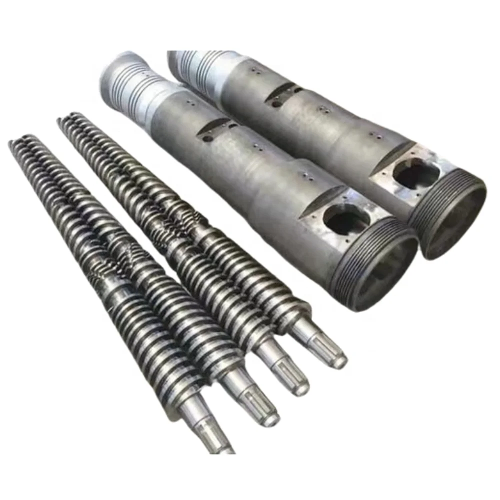Custom plastic extruder components—conical screws and barrels—suitable for the production of WPC, PVC, and EVA