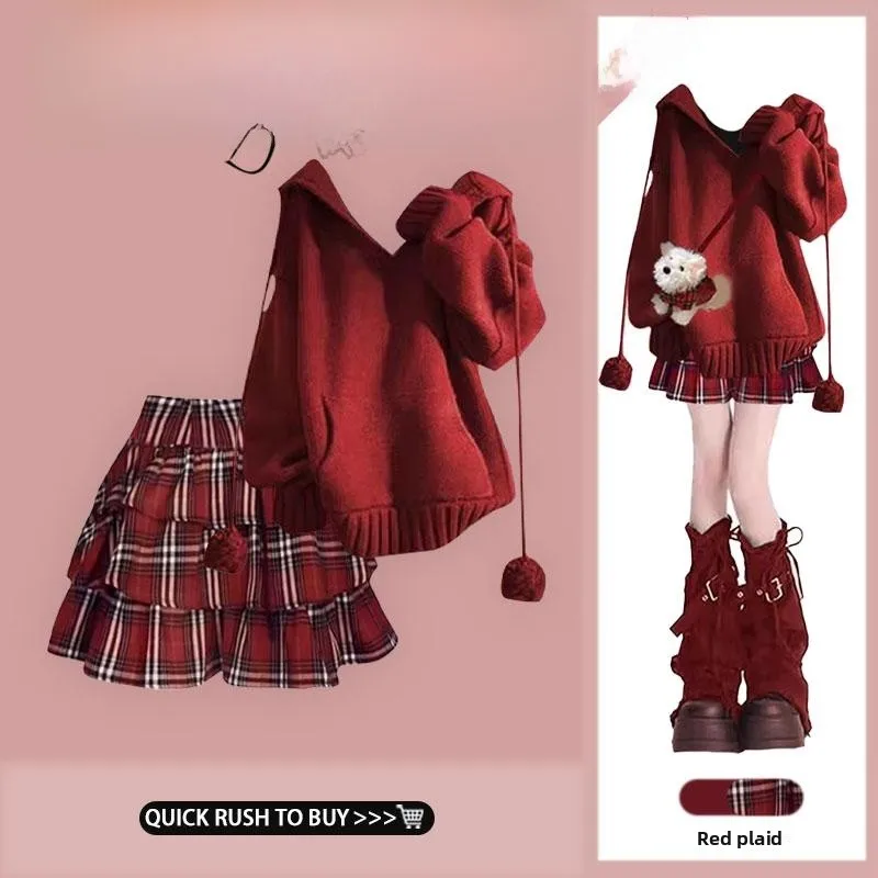 

Вязаная шапка на тему Cisas, женский модный комплект, осенне-зимняя клетчатая юбка, длинный свитер свеча V-Ne и юбка-тортик, двух...