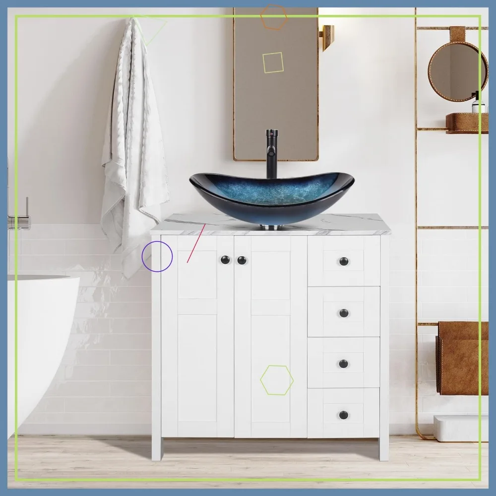 

32-дюймовая белая тумба для ванной с мраморной столешницей, 4 ящиками и синей стеклянной раковиной - современный шкаф для хранения