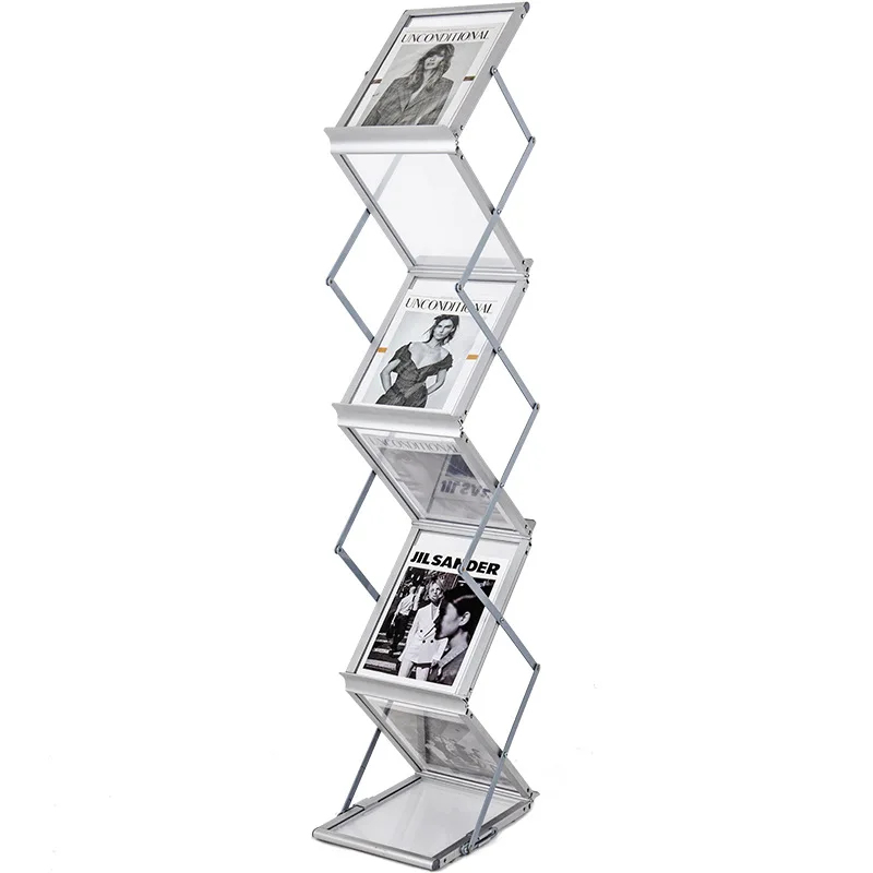 

Foldable aluminum portable magazine holder with 6 exhibition retail store pockets