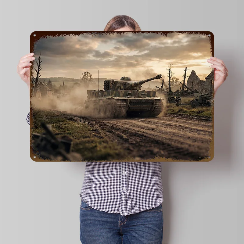 Pôster Metálico Tanque Tigre em Paisagem Enfrentando Guerra, Arte de Parede Personalizada, Placas Metálicas Retrô Vintage para Decoração de Caverna do Homem, Banheiro e Quarto