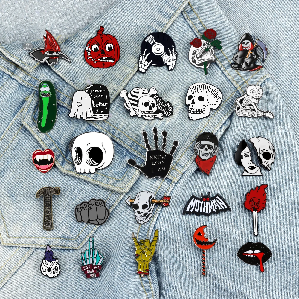 Punk Flame Skull Enamel Pins Gothic Skeleton Ghost Brooch Badge Horror Halloween Gift for Friends Party Custom Bag Lapel Jewelry