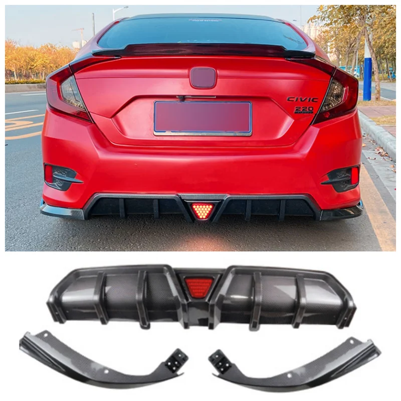 For Honda Civic 2016-2022（With Light）High Quality ABS Bright Black & ABS Carbon Bumper  Lip Rear Trunk Diffuser Spoiler