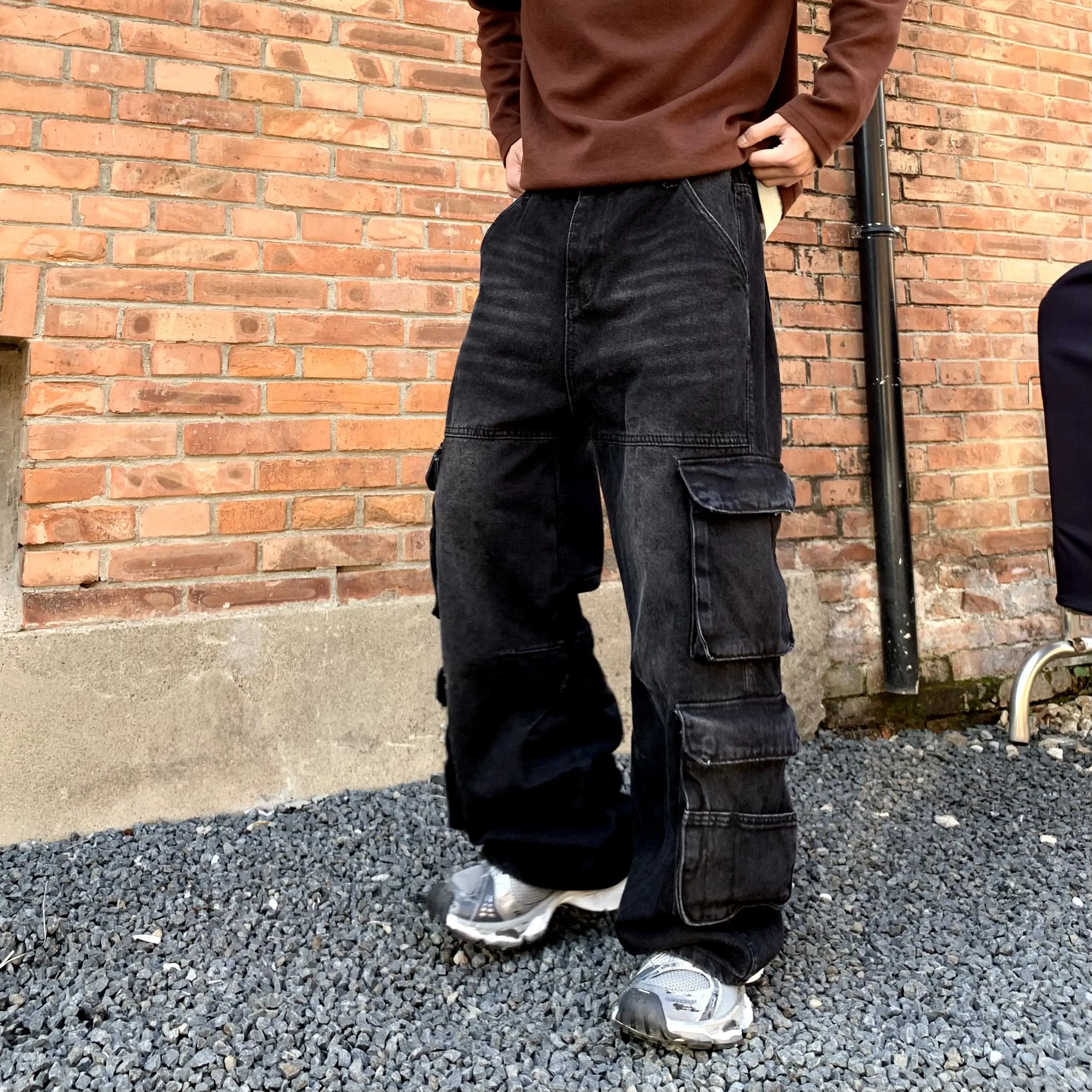 

Heavy Industrial Black Denim Pants Male Multi-pockets Trousers Mid Men's Streetwear