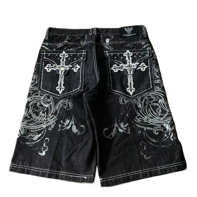 American Vintage Popular New Pattern Embroidery Baggy Denim Shorts Men Street F…