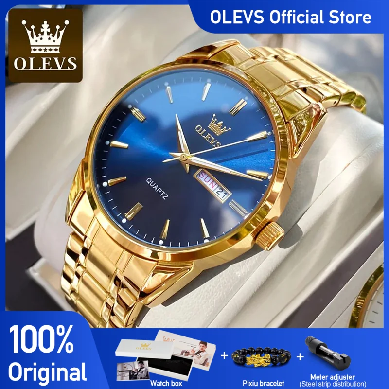 OLEVS Men\'s Watches Dual Calendar Simple Fashion Original Male Wristwatch Waterproof Stainless Steel Luminus reloj