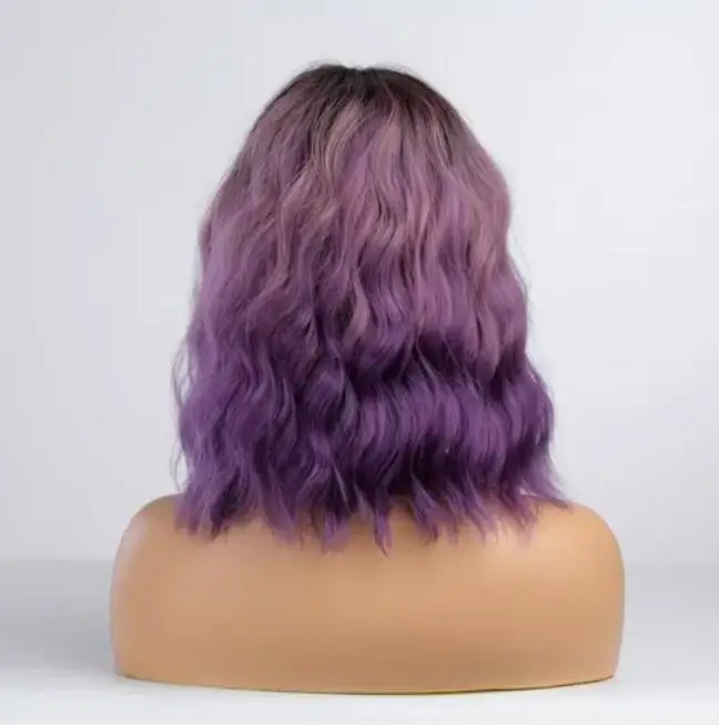 Perucas de onda curta para mulheres, cabelo ombre, raízes negras, roxo