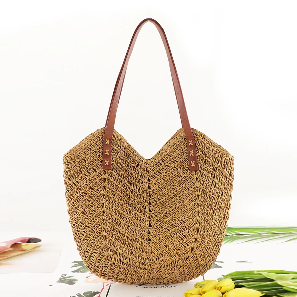 Bolsa feminina de palha tecida à mão, bolsa de ombro, bolsa de praia, casual, para viagens