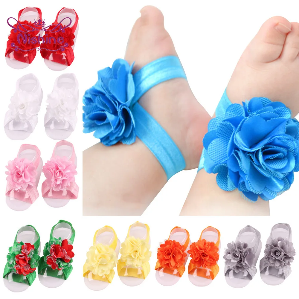 Cute 2pcs/pair Newborn Toddler Satin Mesh Flower Barefoot Sandals Baby Kids Children Infant Photography Props Gifts