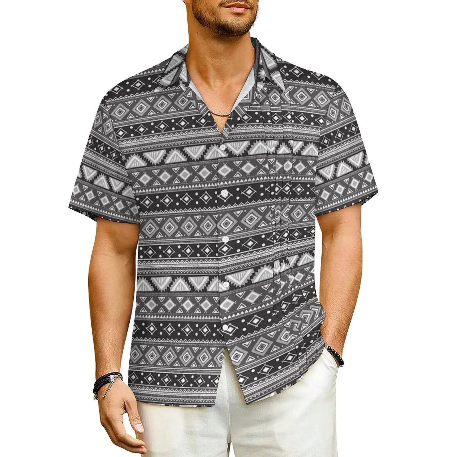 

Hawaii Shirt Beach Gray Tribal Print Blouses Vintage Ethnic Novelty Casual Shirts Men Short-Sleeve Street Style Plus Size Tops