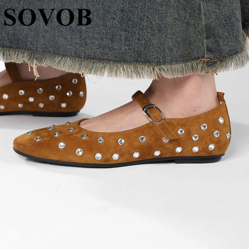 

Spring/Summer Crystal Rivet Decorative Round Toe Flat Shoes Women Shallow Mouth Retro Mary Jane Belt Buckle Versatile Loafers