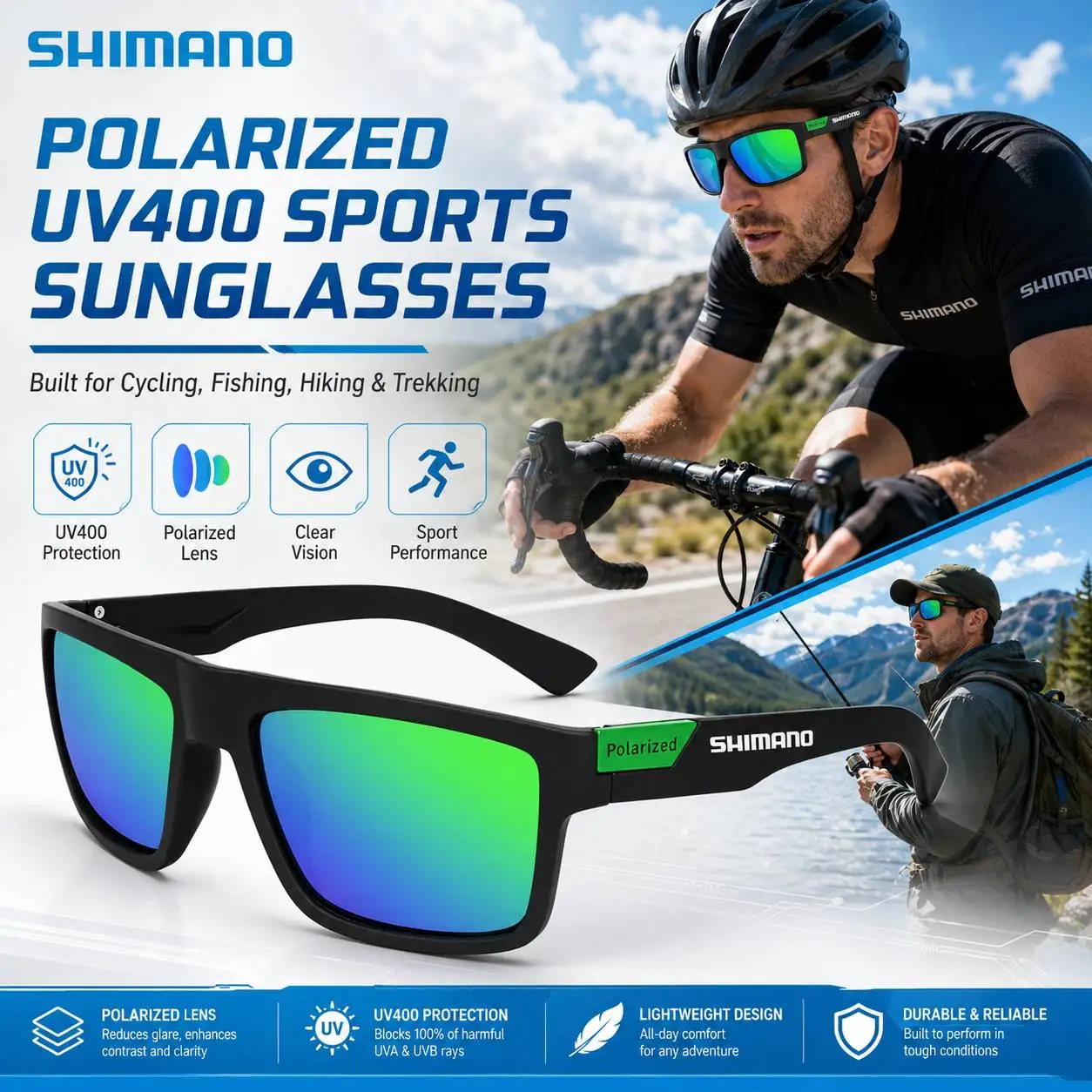 From Mountain Trails to Open Roads, Shimano Polarized UV400 Sunglasses offer Clear Vision and Comfortable Outdoor Wear