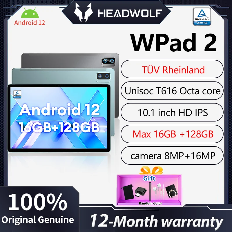 HEADWOLF Android Tablet WPad2 10.1 inch Max 16GB Ram DDR4X UFS 128GB Rom 4G LTE Phone call Tablet PC Unisoc T616 PadTÜV Rheinlan