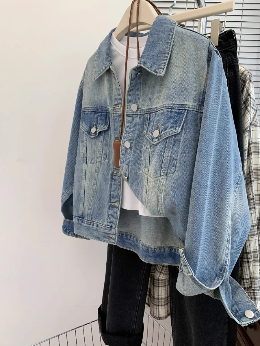 

Постиранная синяя джинсовая куртка для женщин, весенне-осенняя куртка с лацканами и карманами в стиле ретро, американские повседневные модные женские куртки