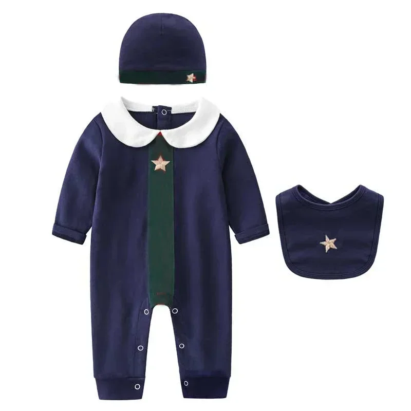 

New 2023 Spring and autumn fashion style baby boy clothes Cotton long-sleeved patchwork newborn romper hat and Bibs sets