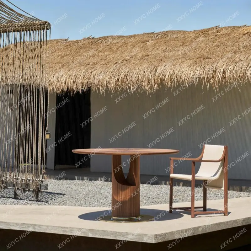 

FFSolid wood round dining table and chairs combination living room dining room household slate dining table