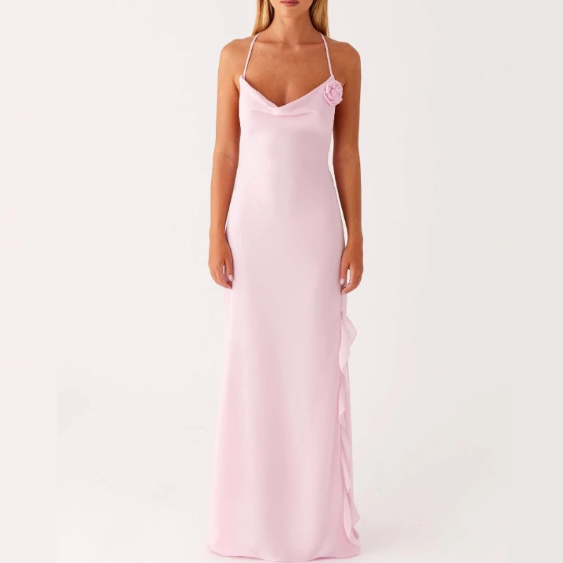 

Women'S Summer Pink Slim Suspenders Straps Rose Appqulie Sleeveless Dress V-Neck Flowers Split Ruffles Maxi Dress Elegant Party