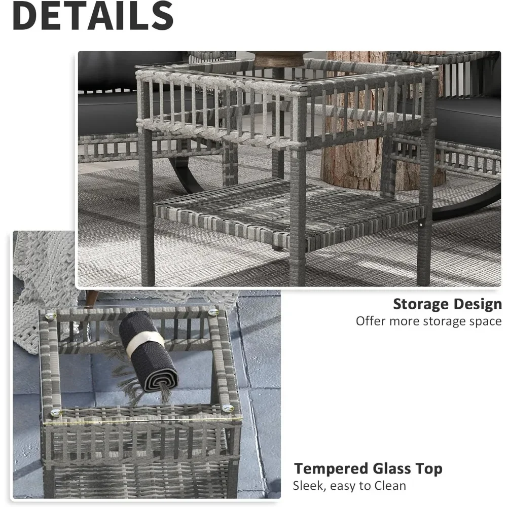 Wicker Outdoor Rocking Chair Set, 3 Piece Patio Furniture Set with Padded Cushions and Storage Coffee Table, 2-Seater PE Rattan
