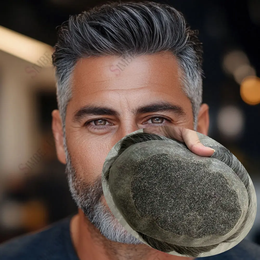 

Незаметный мужской парик из полиуретана с швейцарским кружевом, цвет 1B30 (серый, черный, коричневый), из натуральных волос, дышащий, система капиллярной протезации, Австралия