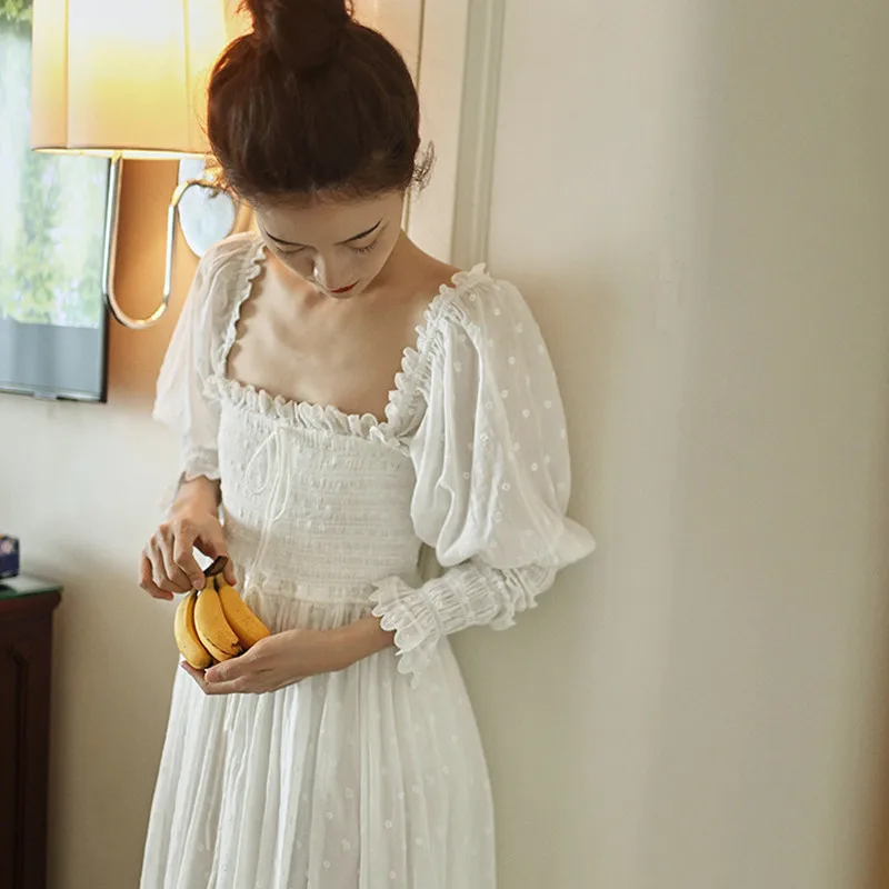 Women Sexy Square Collar Sleepwear 100% Cotton Full Sleeves White Nightdress Princess Vintage Embroidery Long Nightgown Nightie