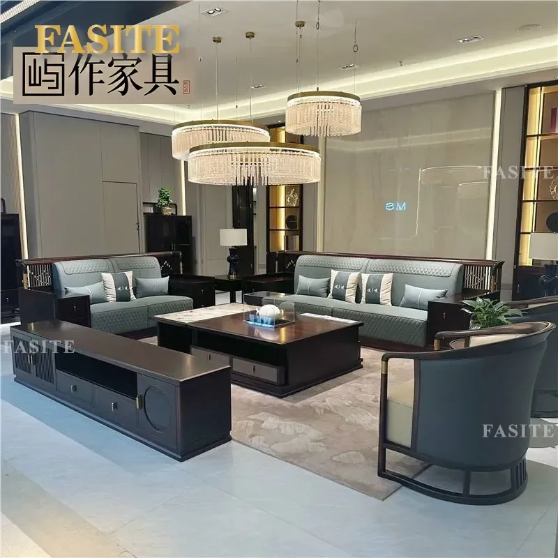 For New Chinese Style Living Room Villa Ebony Leather Sofa Solid Wood Furniture Whole House Combination Set Durable Elegant