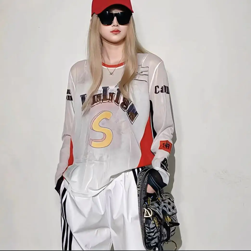 Y2K Streetwear Mesh Top Women Vintage Sport Letter Print Long Sleeve T-Shirt Summer Loose See Through Sun Protection Blouse Chic