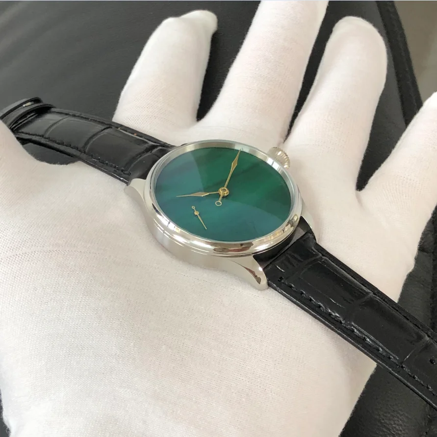 Reloj mecánico Manual ST3600, esfera Tianshu Fritillary verde Natural de 41Mm de diámetro pequeño, correa de piel de vaca